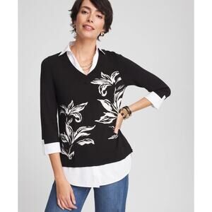 Chicos Size 3 (XL) Knit Woven Lily Flower Print Shirt Sweater Layered Preppy